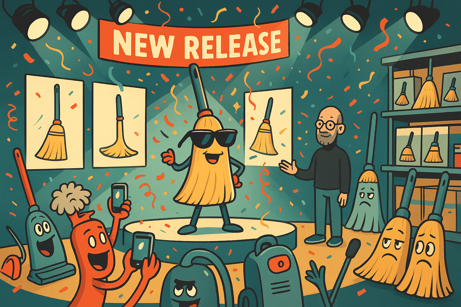 A cartoon superhero broom with a cape sweeping across a city skyline