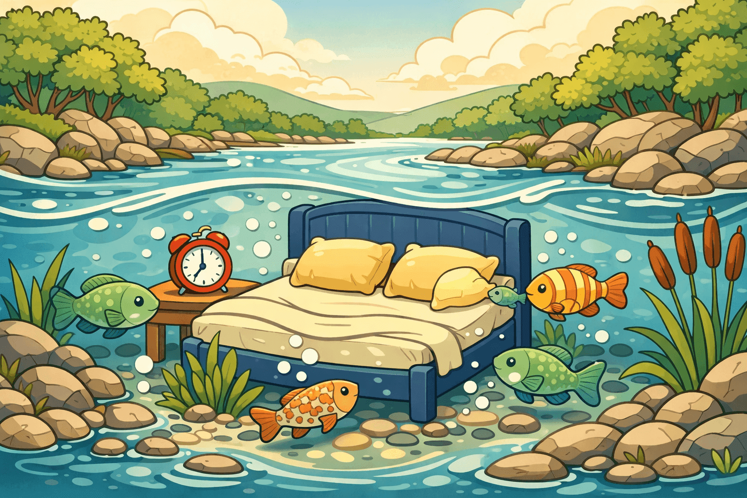 A cartoon river flowing with a bed frame sitting in the water