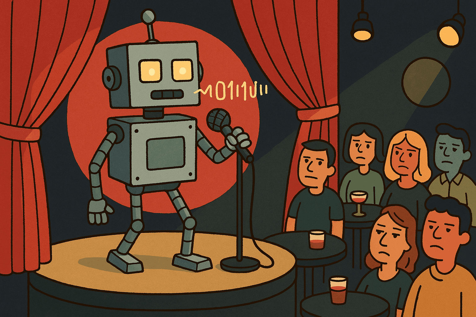 A cartoon robot on stage at a comedy club with a microphone, delivering jokes in a stiff, robotic manner while the human audience looks unimpressed and confused, with stage lights and comedy club atmosphere