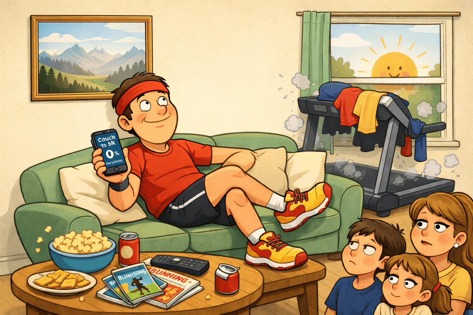 A cartoon person in running gear sitting on a couch making announcements