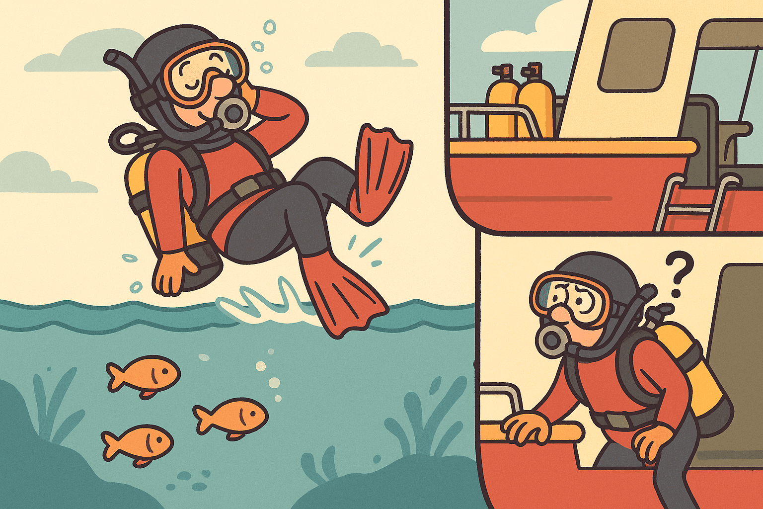 A cartoon scuba diver in full gear falling backward off a boat into the water with a satisfied expression, while another diver is shown falling forward and staying in the boat looking confused