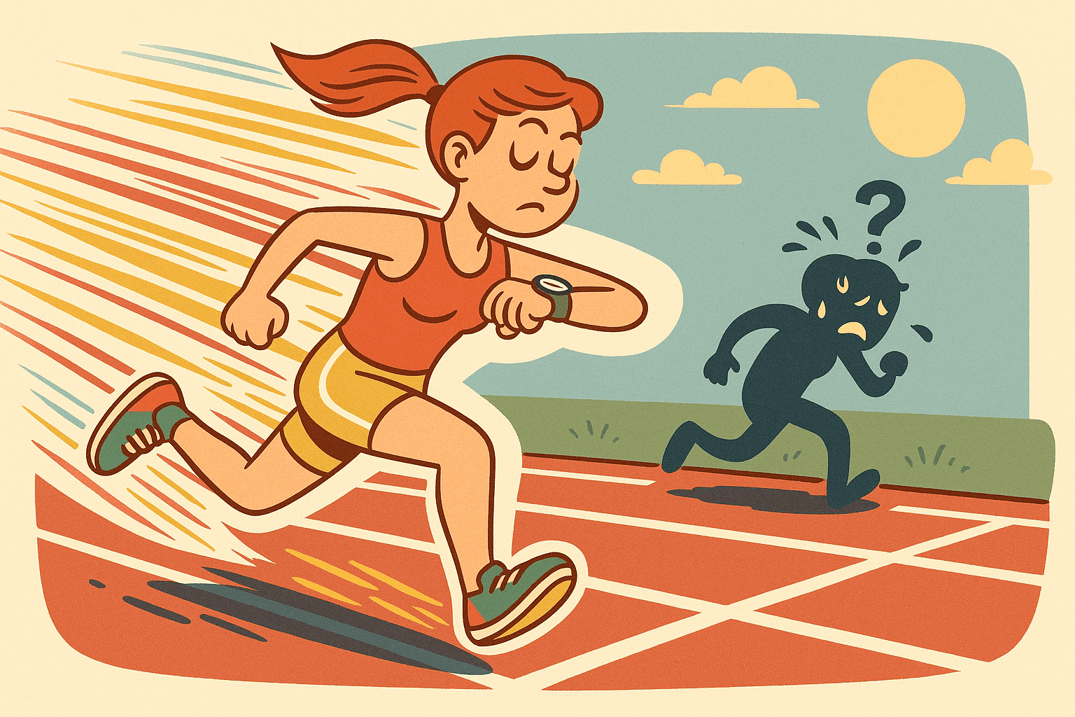 A humorous cartoon illustration of a woman running at incredible speed on a track with motion blur lines, while her confused shadow is far behind struggling to catch up, looking exhausted