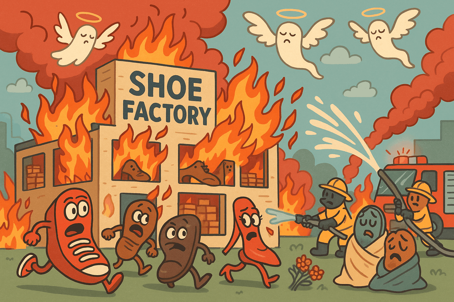 A cartoon shoe factory with firefighters and shoes evacuating safely from small flames