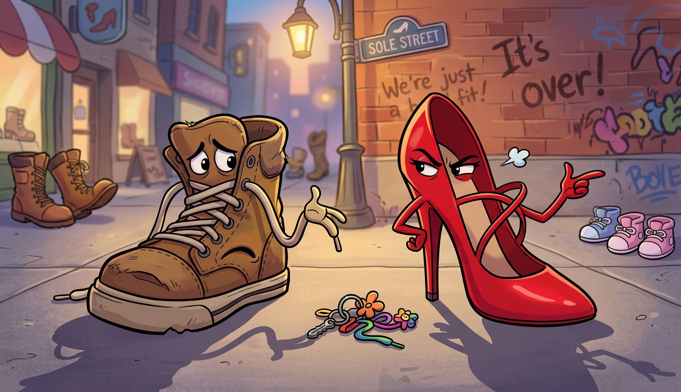 Cartoon of two shoelaces with sad faces sitting at opposite ends of a park bench beside an empty sneaker