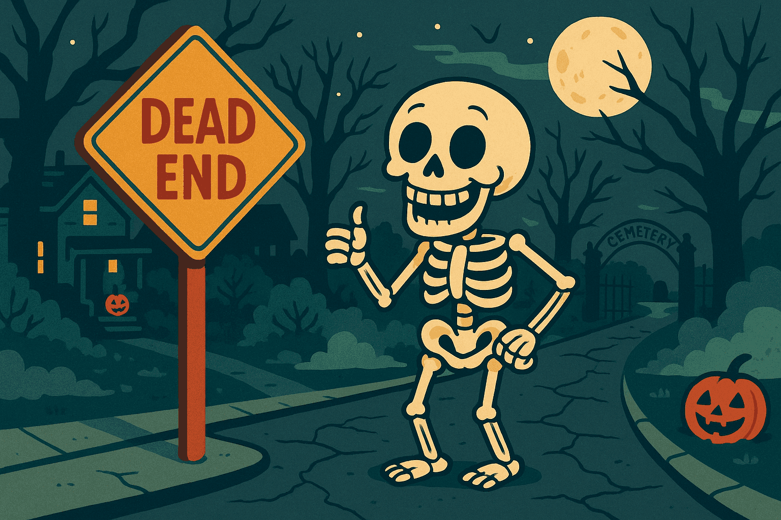 A humorous cartoon illustration of a cheerful skeleton standing happily at a dead end road sign, with a spooky nighttime street setting and Halloween decorations around
