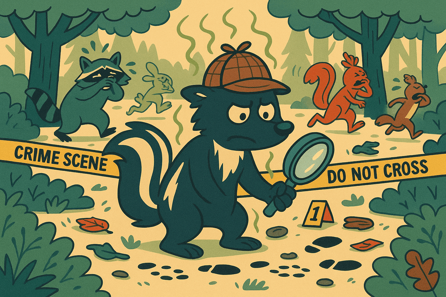 A cartoon skunk wearing a detective hat and holding a magnifying glass looking frustrated while examining clues, with stink lines around it and other animals covering their noses and running away from the crime scene
