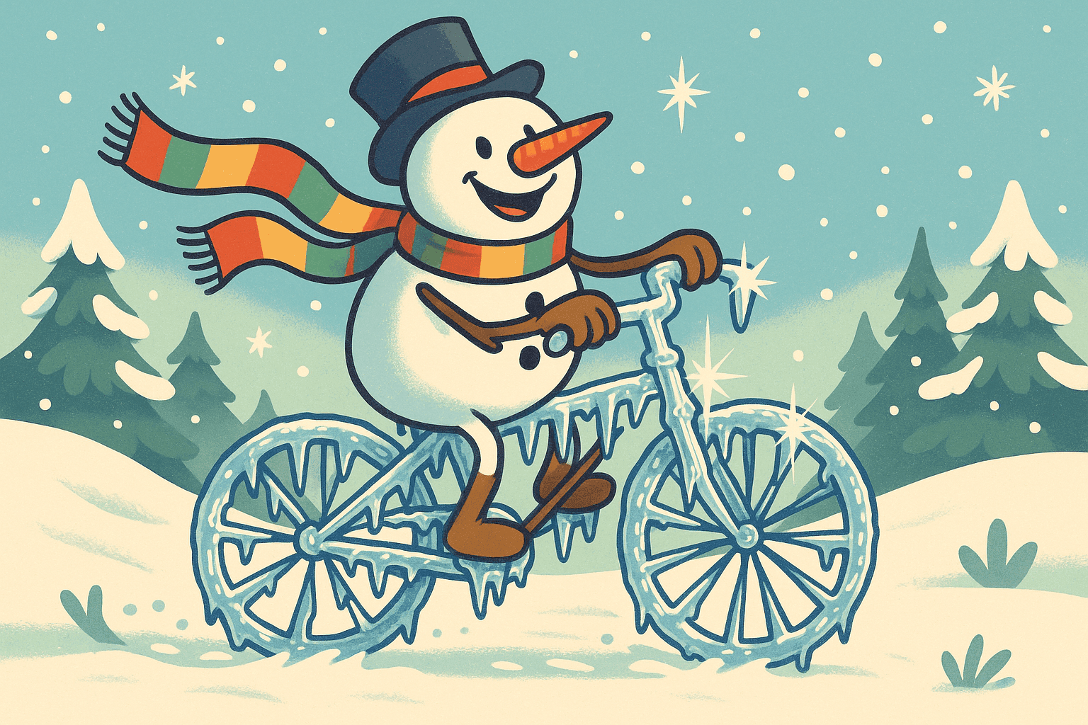 A cartoon snowman with a big smile riding a bicycle made entirely of icicles through a snowy winter landscape, with his carrot nose pointing forward and scarf flowing in the wind