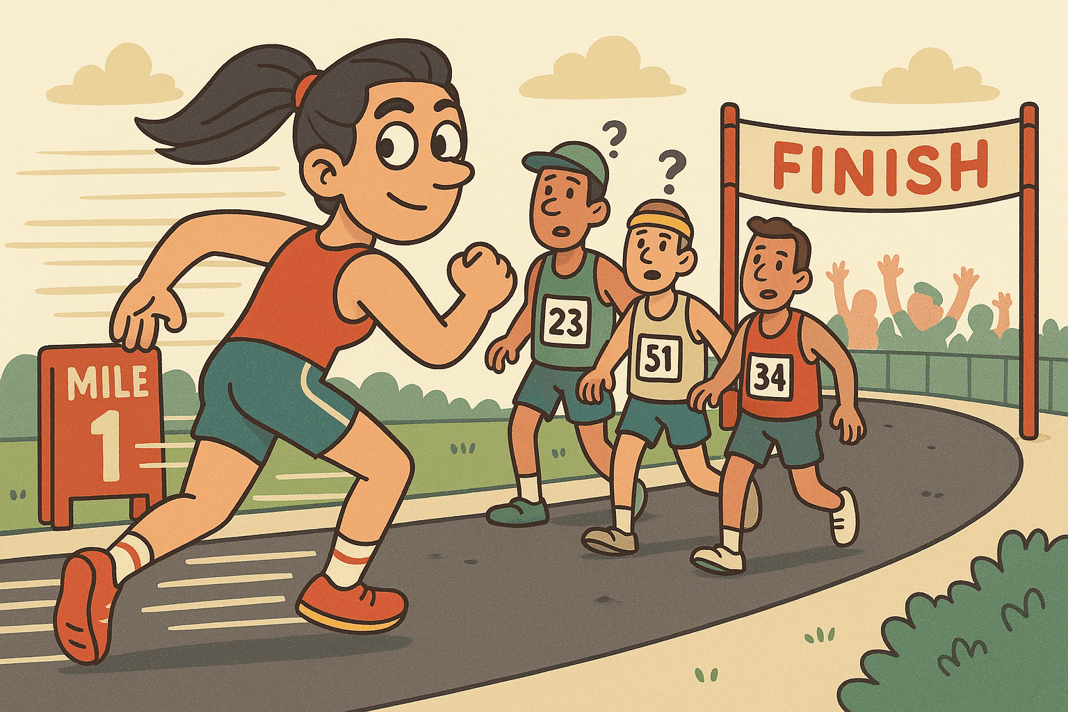 A humorous cartoon illustration of a woman running backwards through a marathon course with incredible speed, while confused runners behind her wonder what she's chasing, with finish line and cheering crowds