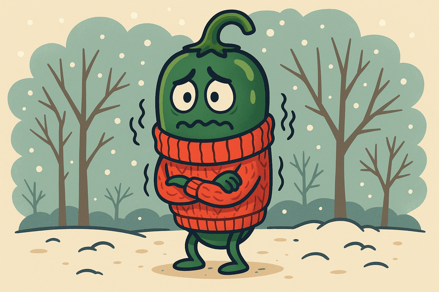 A humorous cartoon illustration of a cute jalapeño pepper with arms, legs, and a shivering expression wearing a cozy knitted sweater, standing in a chilly outdoor scene with snowflakes falling