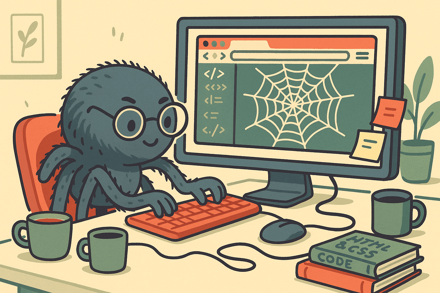 A cartoon spider wearing glasses sitting at a computer desk typing on a keyboard, with a web browser showing an actual spider web pattern on the screen, surrounded by tech equipment and coding books