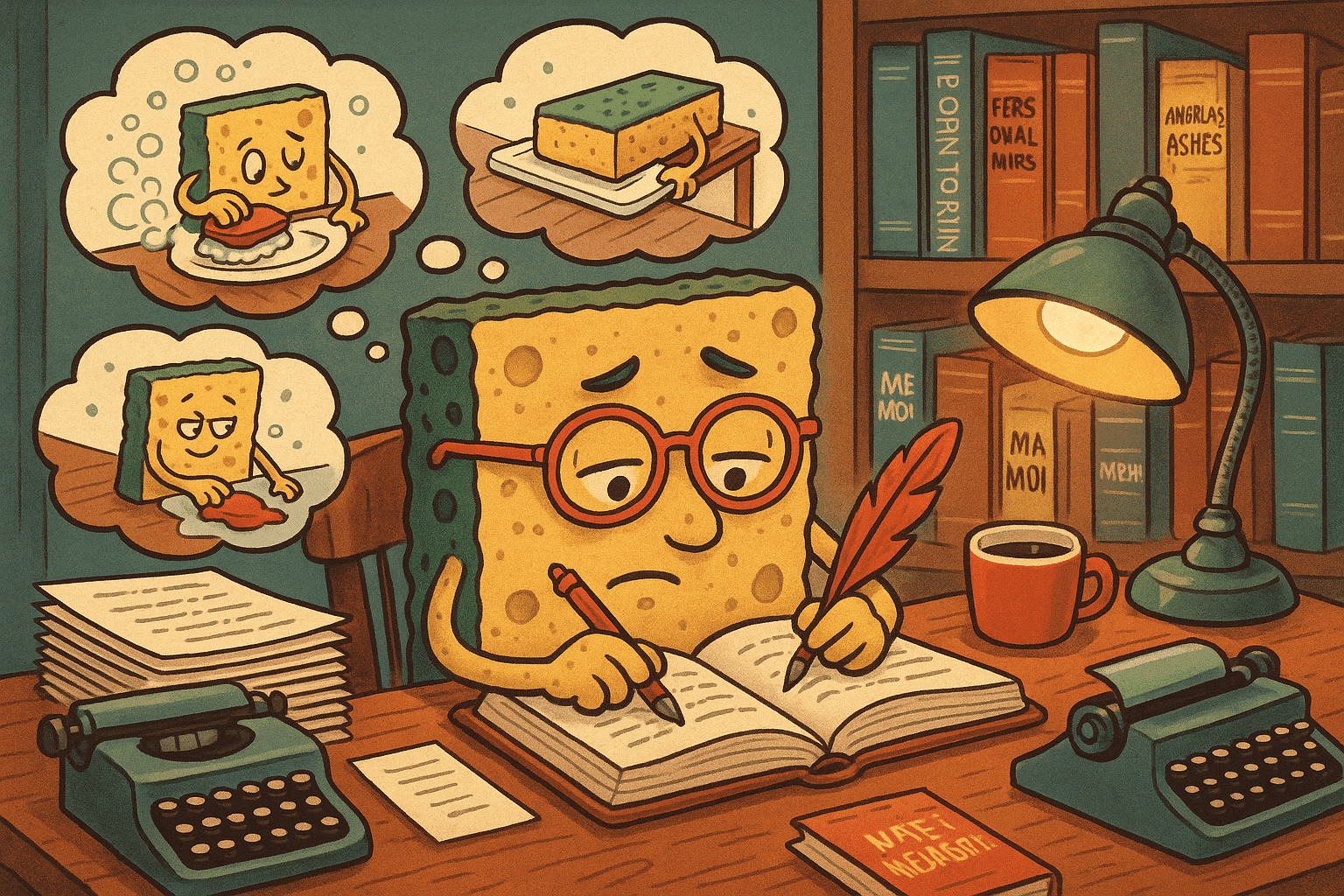 A cheerful cartoon sponge sitting at a vintage typewriter, surrounded by stacks of paper and memories, writing their life story