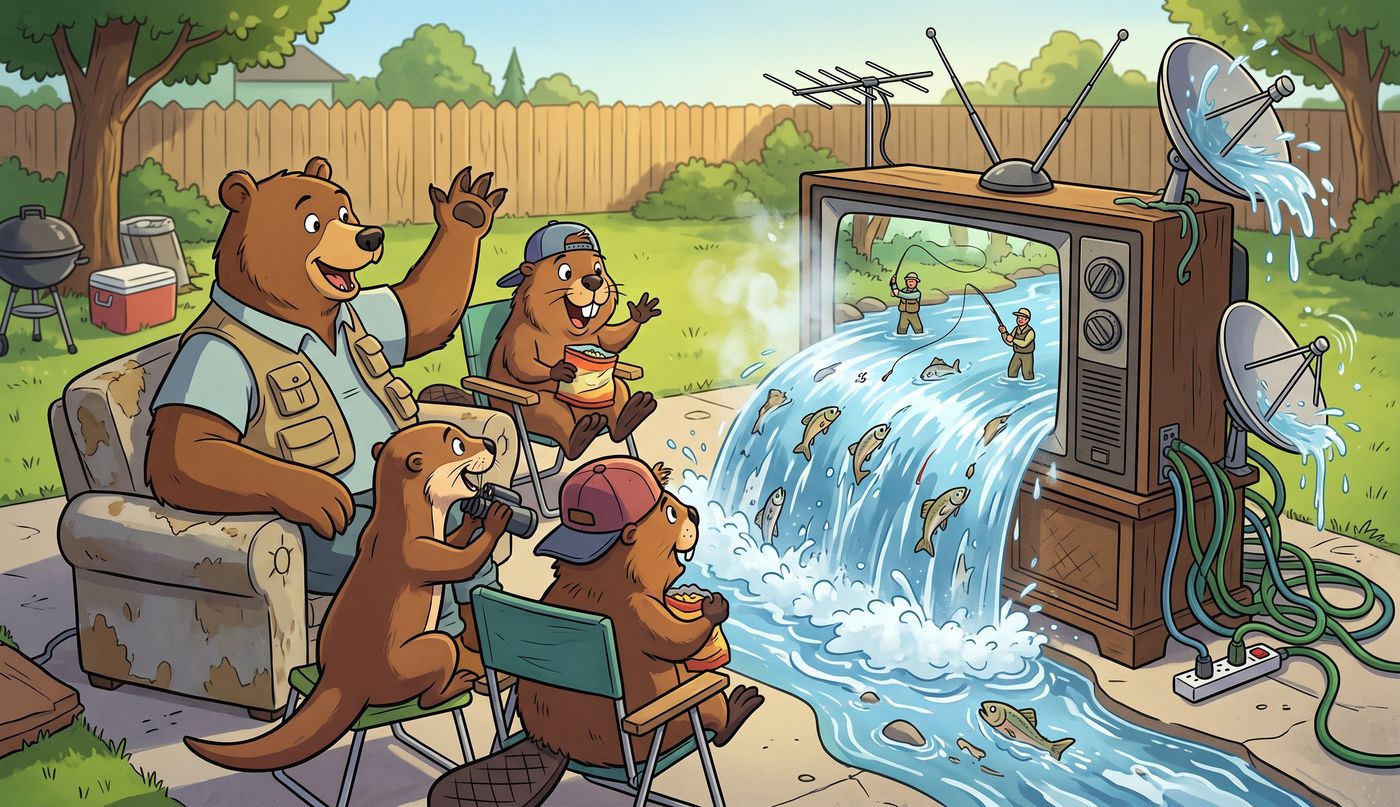 Cartoon of excited animal fans with binoculars and popcorn cheering on a fly-fishing bear casting into a calm lake