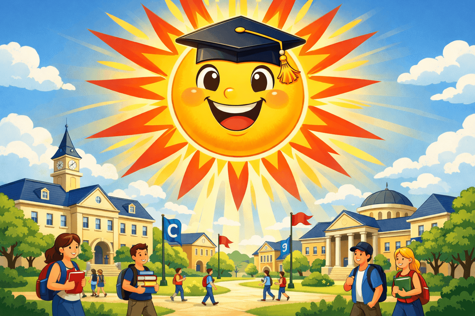 A cartoon sun shining brightly over a college campus
