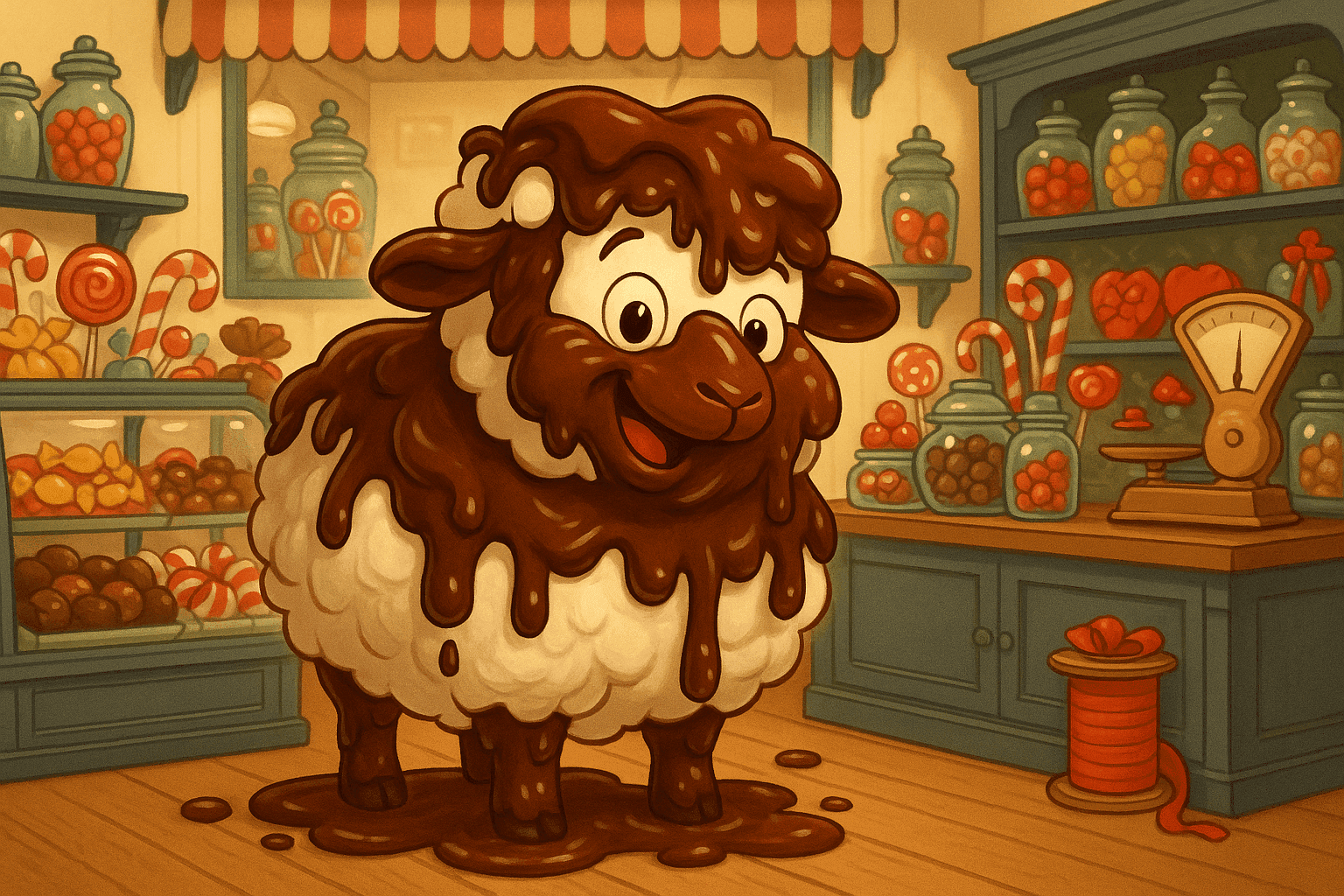 Cartoon illustration of a fluffy white sheep completely covered in swirling chocolate coating, standing in a candy shop or chocolate factory with heart-shaped chocolates, wrapped candies, and confections on display shelves, the sheep looking delighted and surprised, pastel candy shop interior with jars and decorations in cream, dark blue-gray, sage green, yellow, and bright red colors