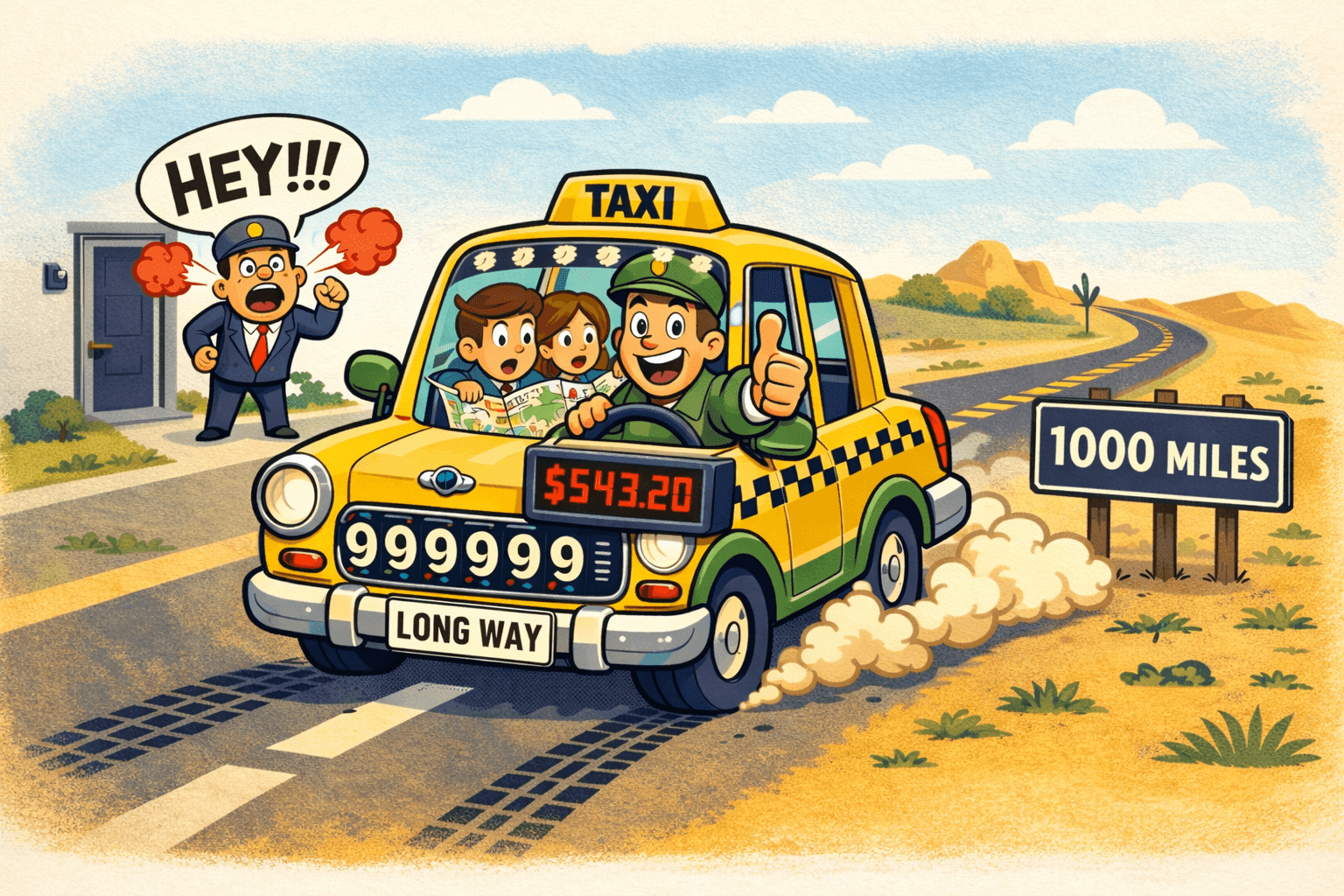 A cartoon taxi driver with their cab going way too far on the odometer
