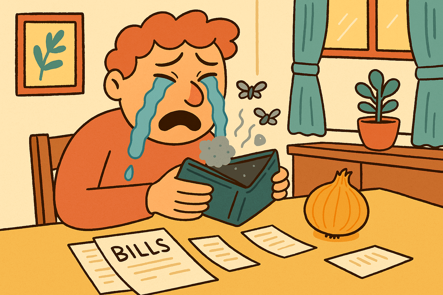A humorous cartoon illustration of a sad person crying while opening an empty wallet, with an onion sitting next to the wallet on a table, both causing tears to stream down their face