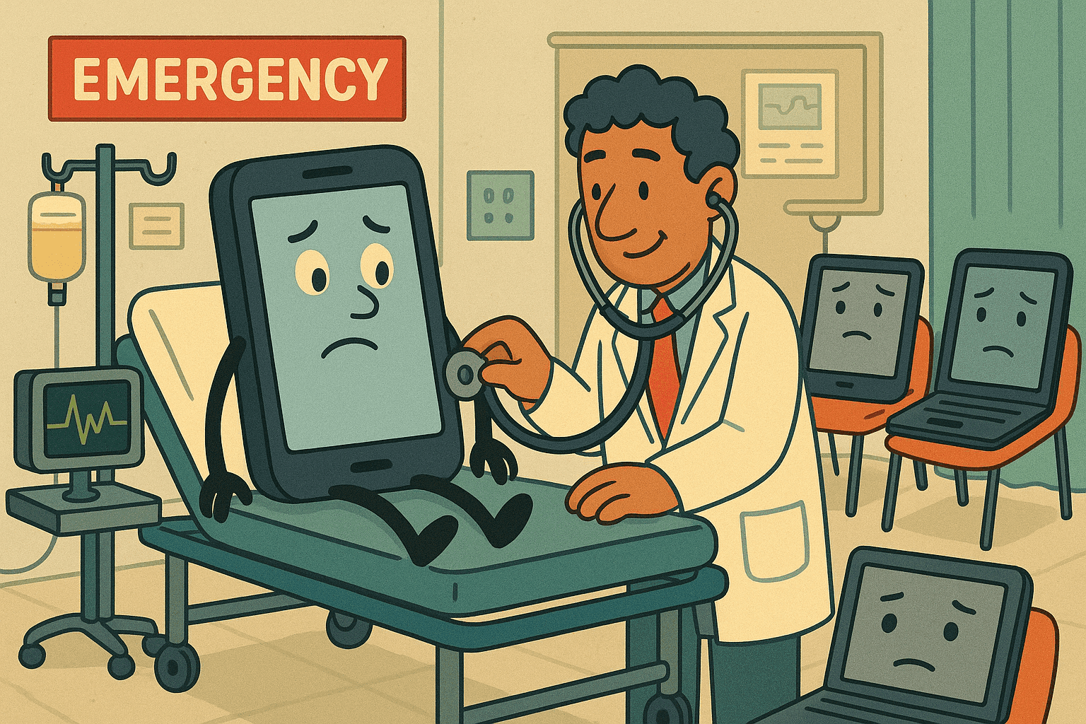 A humorous cartoon illustration of a worried smartphone with arms and legs sitting on a hospital bed while a doctor examines its touchscreen with a stethoscope in a medical emergency room setting