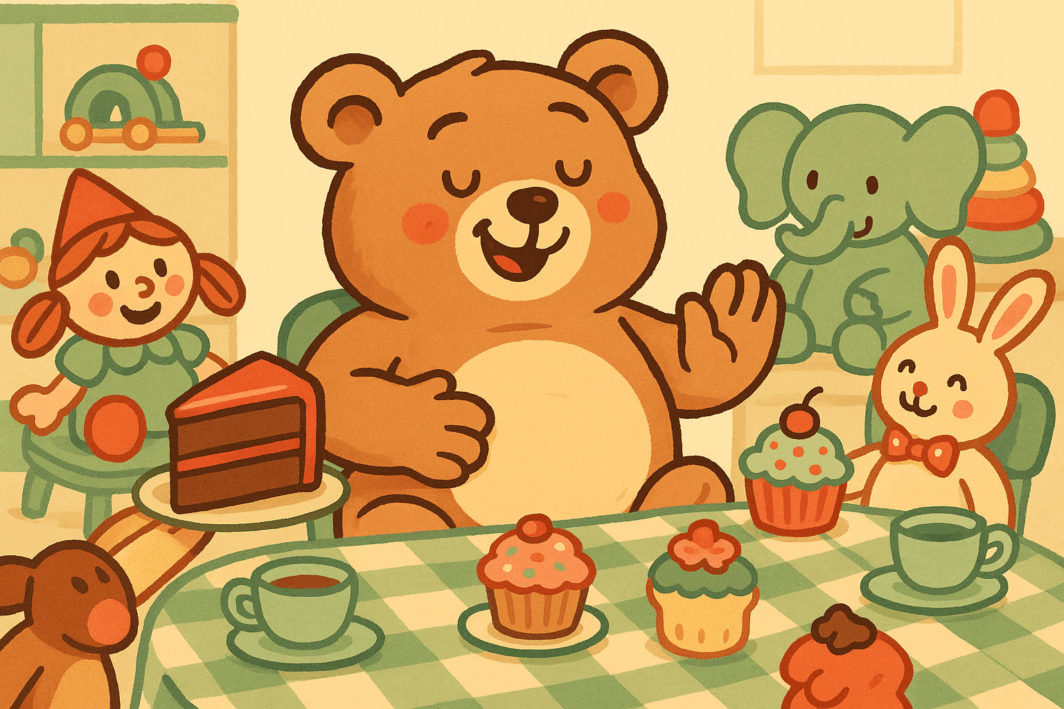 A cartoon teddy bear with a content, full expression patting its stuffed belly while politely declining a slice of cake offered by other toys at a tea party table setting