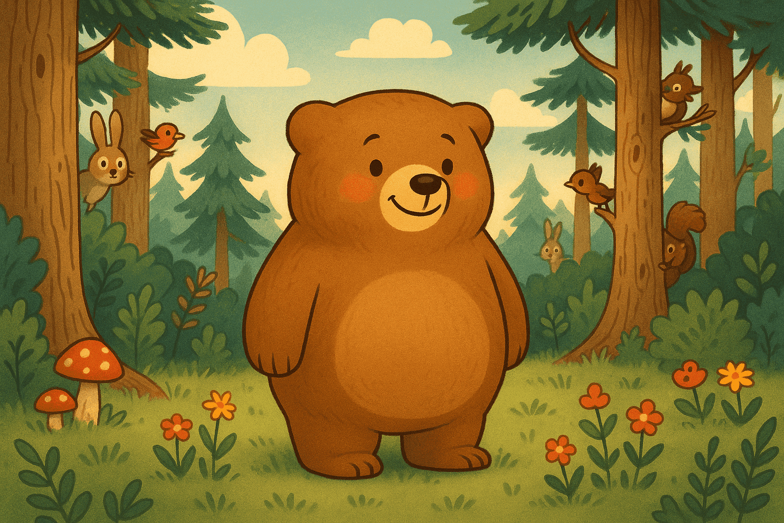 Cartoon illustration of a friendly bear character with smooth sides of head where ears should be, looking content and unbothered, standing in a forest clearing with pine trees, flowers, and a sunny sky, other woodland creatures looking curious in background in cream, dark blue-gray, sage green, yellow, and bright red colors