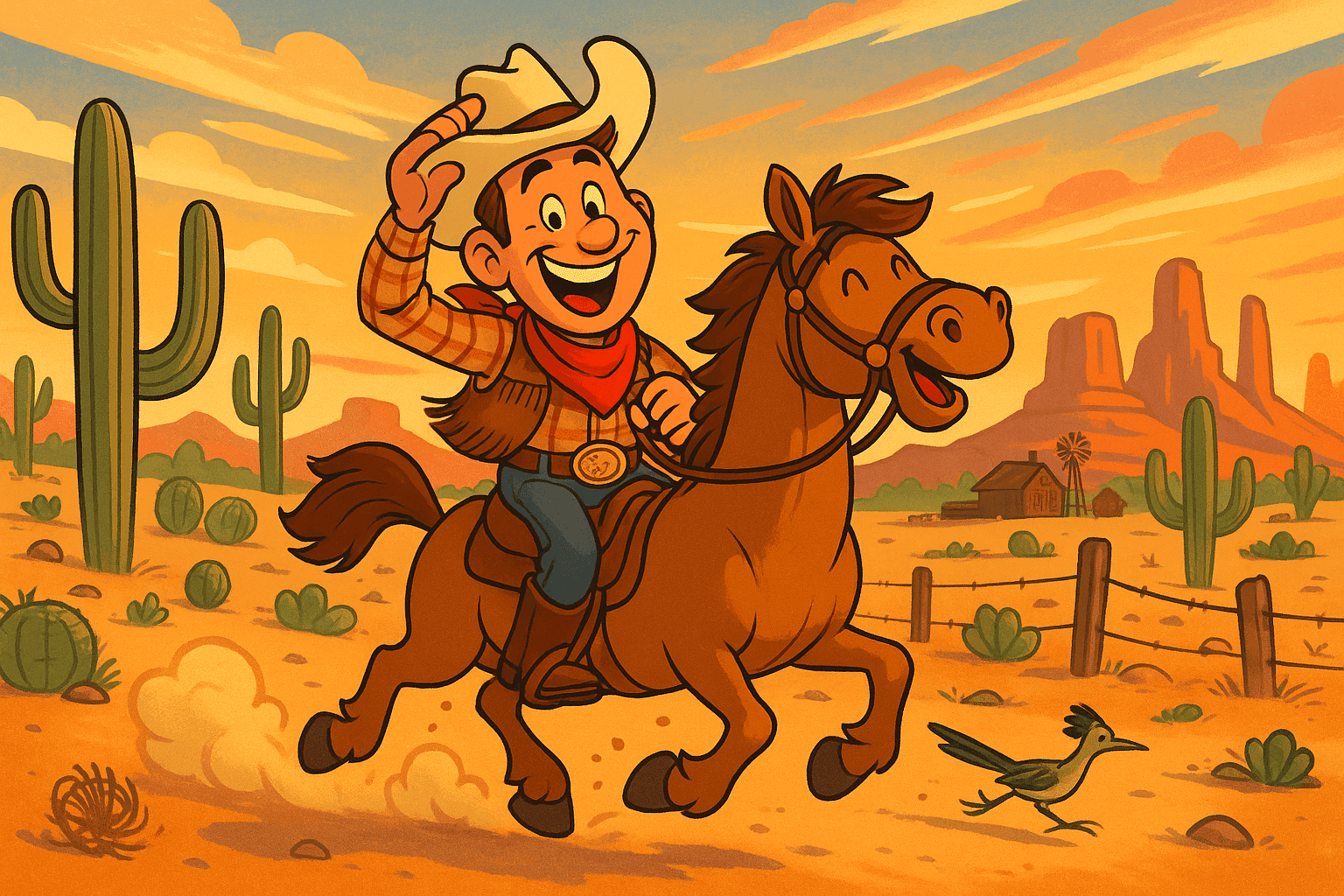 Cartoon illustration of a smiling cowboy in western attire riding horse through desert landscape, laughing joyfully, tipping hat, sunset background with cacti and tumbleweeds, classic Old West scene in cream, dark blue-gray, sage green, yellow, and bright red colors
