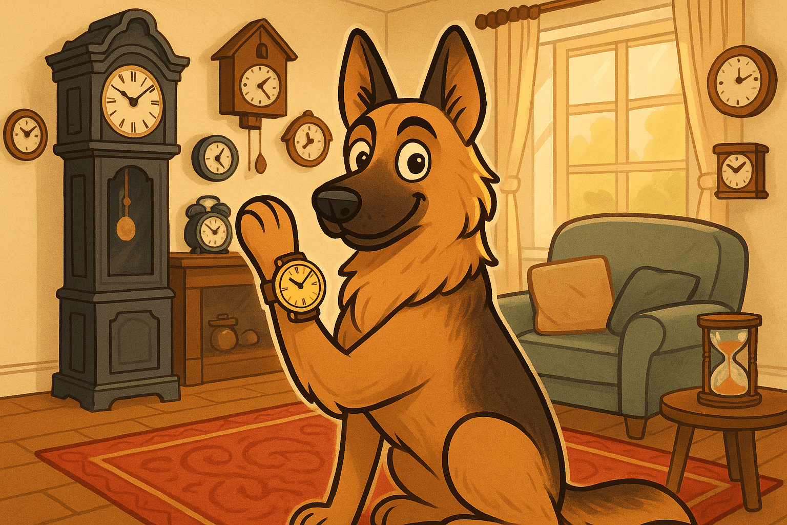 Cartoon illustration of a smart-looking dog wearing a wristwatch on its paw, sitting attentively in a living room with wall clocks, alarm clocks, and timepieces displayed on shelves, the dog pointing at a watch face with proud expression in cream, dark blue-gray, sage green, yellow, and bright red colors