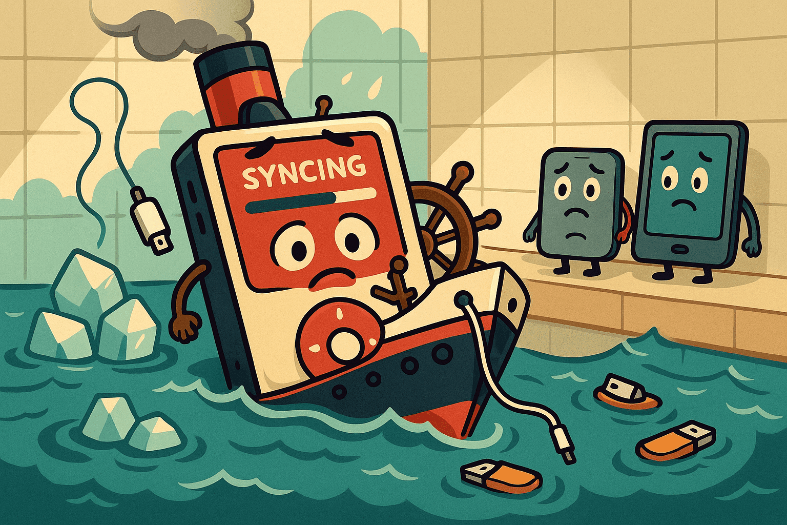 A cartoon iPod dressed as the Titanic ship with water splashing around it while syncing