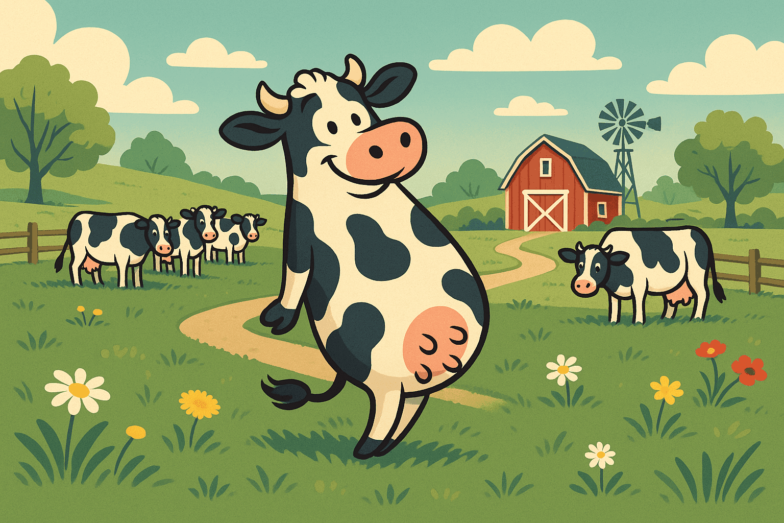 Cartoon illustration of a cheerful cow balancing on only two legs instead of four, standing in a green pasture with other normal cows in background, farmland with red barn and rolling hills in cream, dark blue-gray, sage green, yellow, and bright red colors