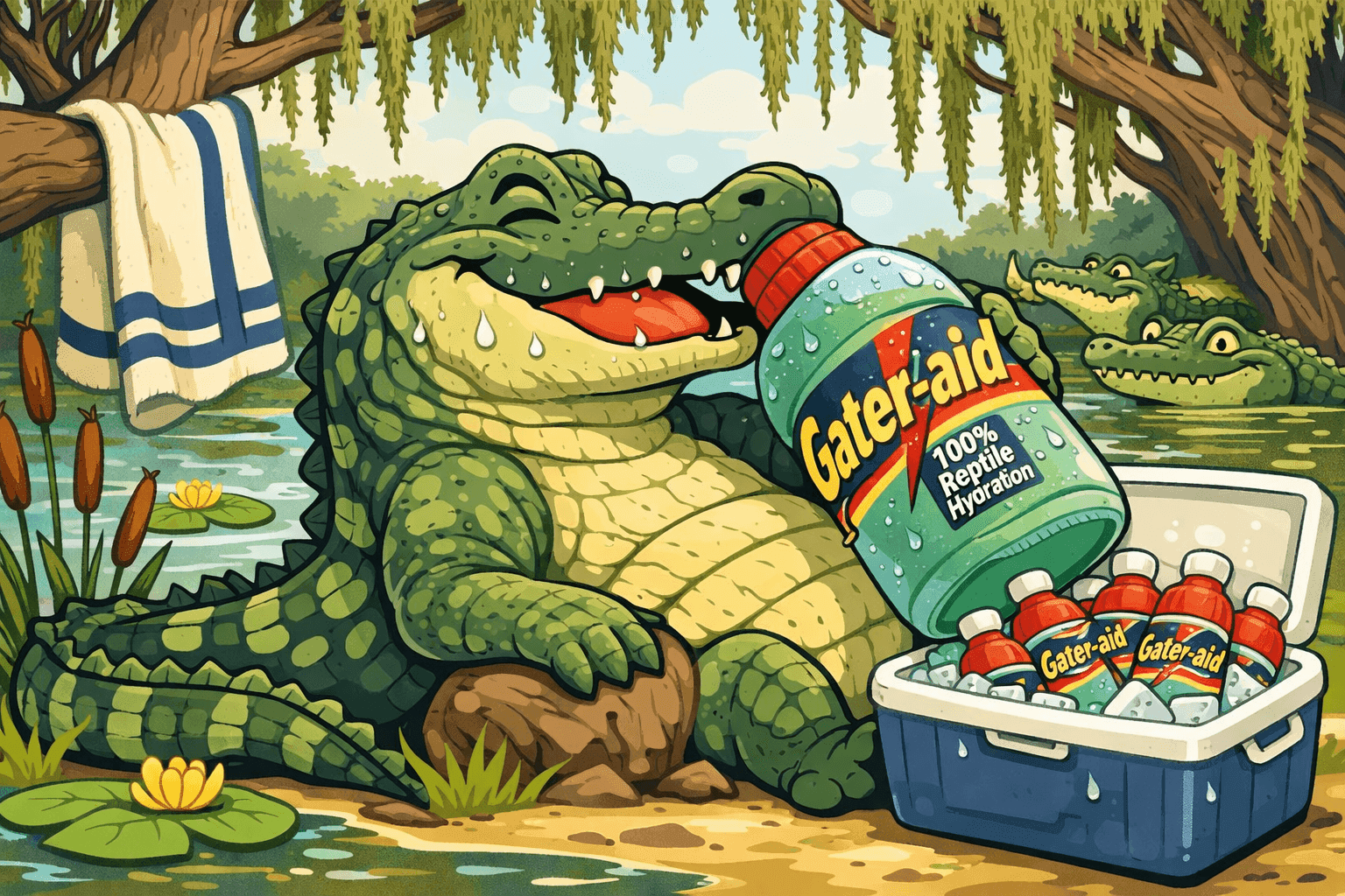 A cartoon crocodile drinking from a sports bottle with a smile