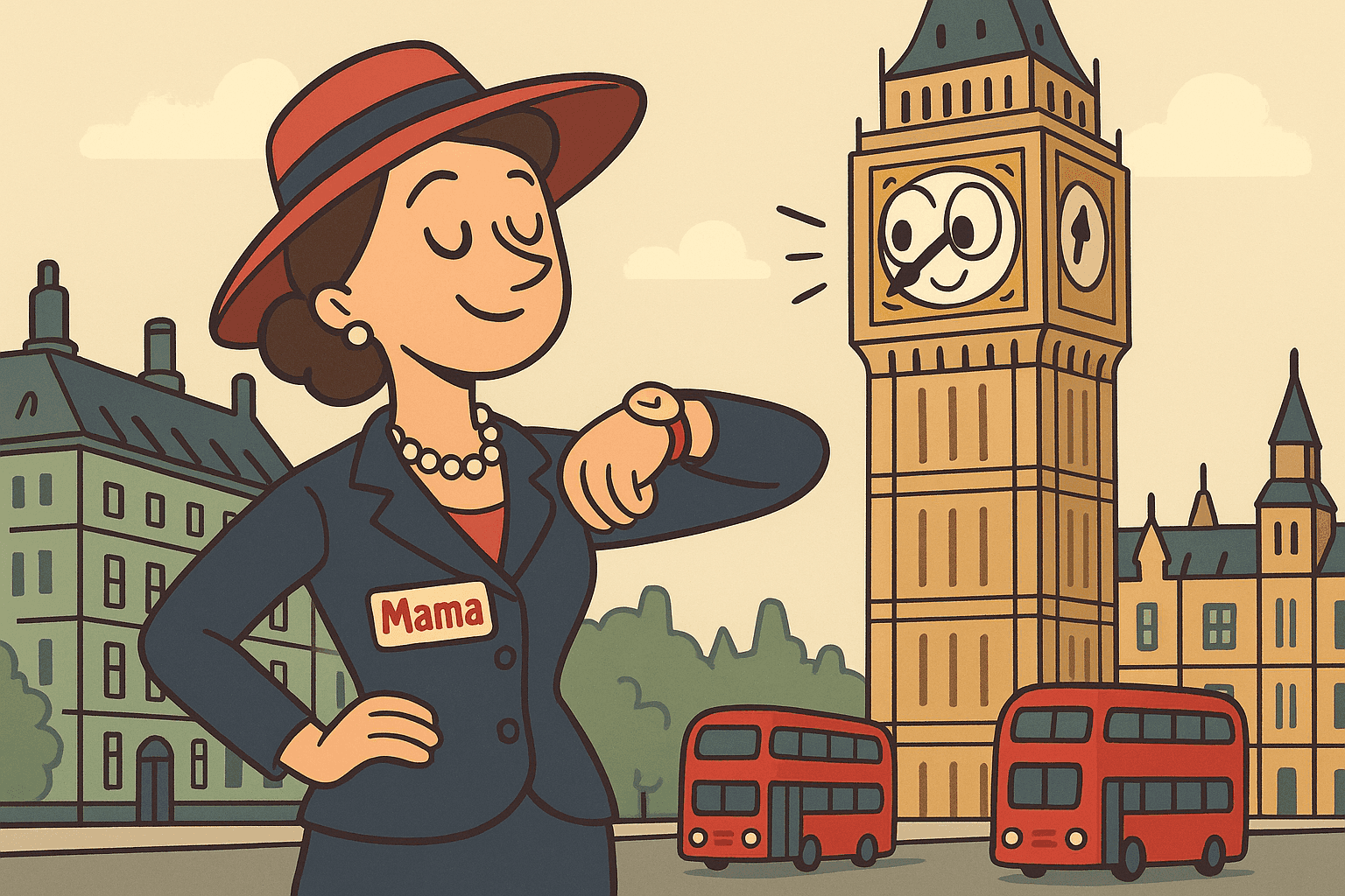 A cartoon mama character with a precise wristwatch checking the time while Big Ben clock tower in London looks on admiringly, with the famous clock adjusting its hands to match her schedule