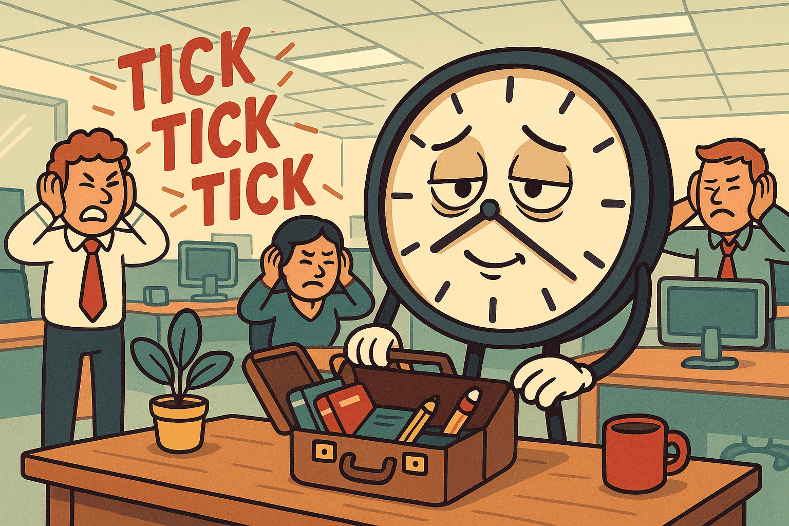 A cartoon clock with a tired expression packing up its office belongings while angry coworkers in the background look annoyed, with the clock's loud ticking sound waves visible around it