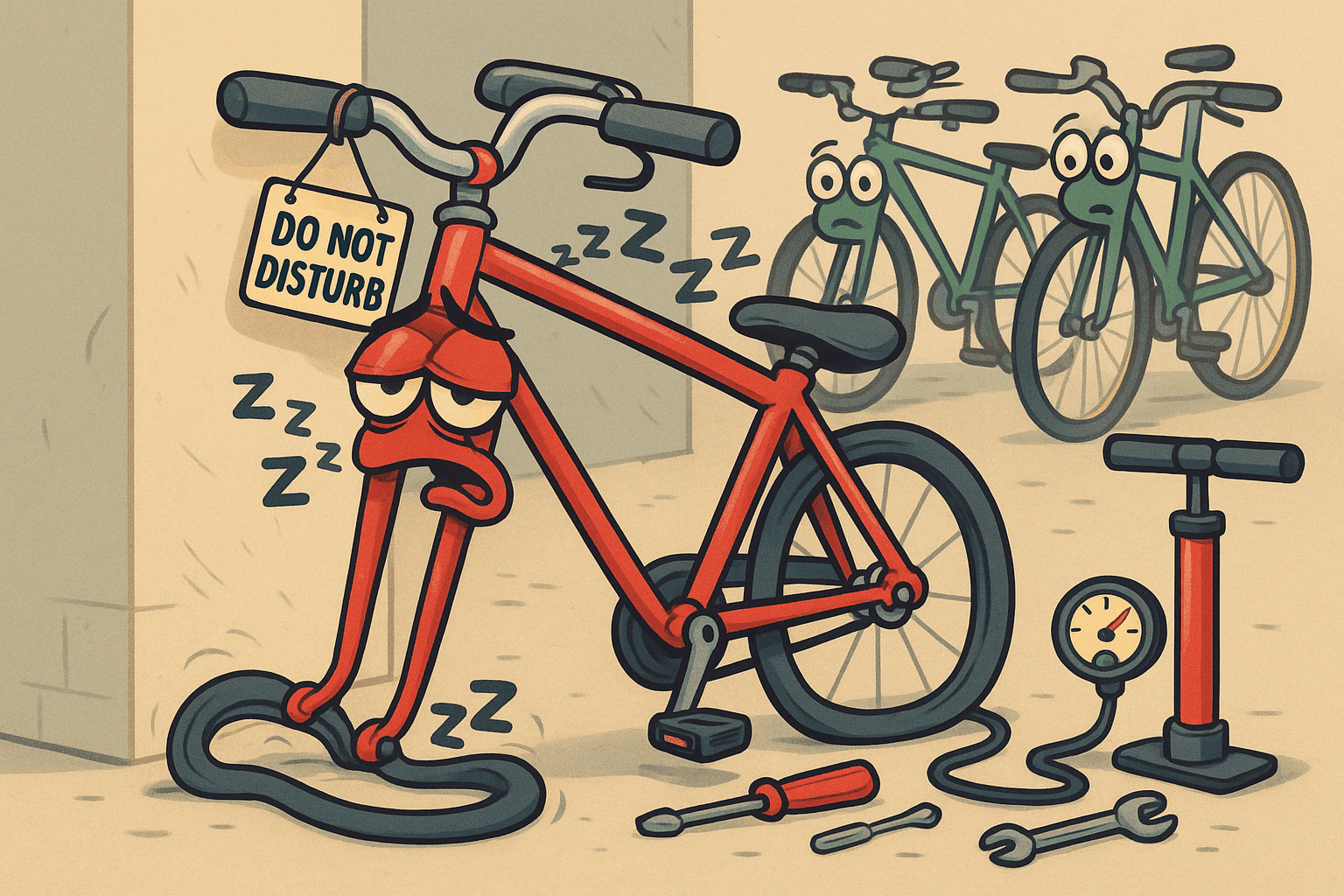 A cartoon bicycle lying on its side looking exhausted on a sidewalk