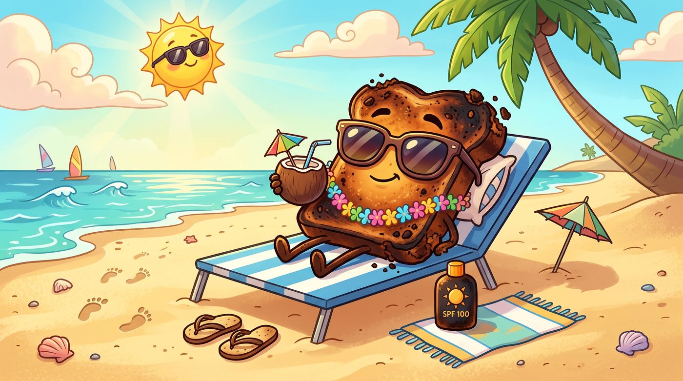 Cartoon of a happy toaster in sunglasses and a floral shirt relaxing on a beach lounge chair with a tiny suitcase nearby