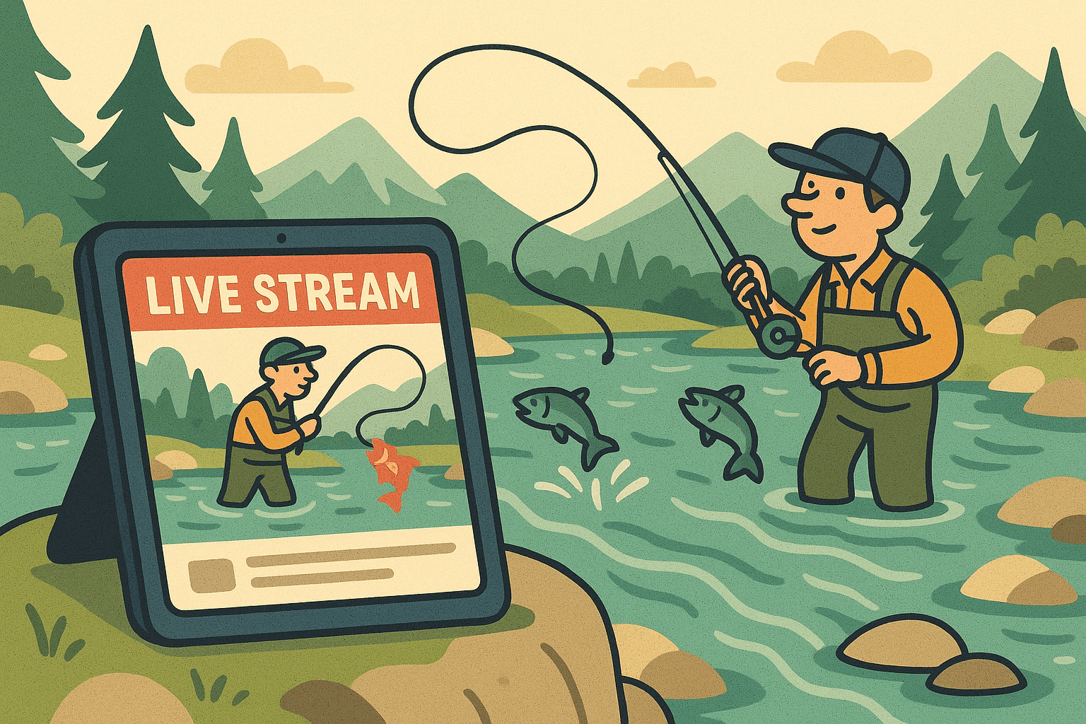 A cartoon fisherman casting a line into a flowing stream while a computer screen shows a live streaming interface with fishing tournament coverage, set by a beautiful mountain river