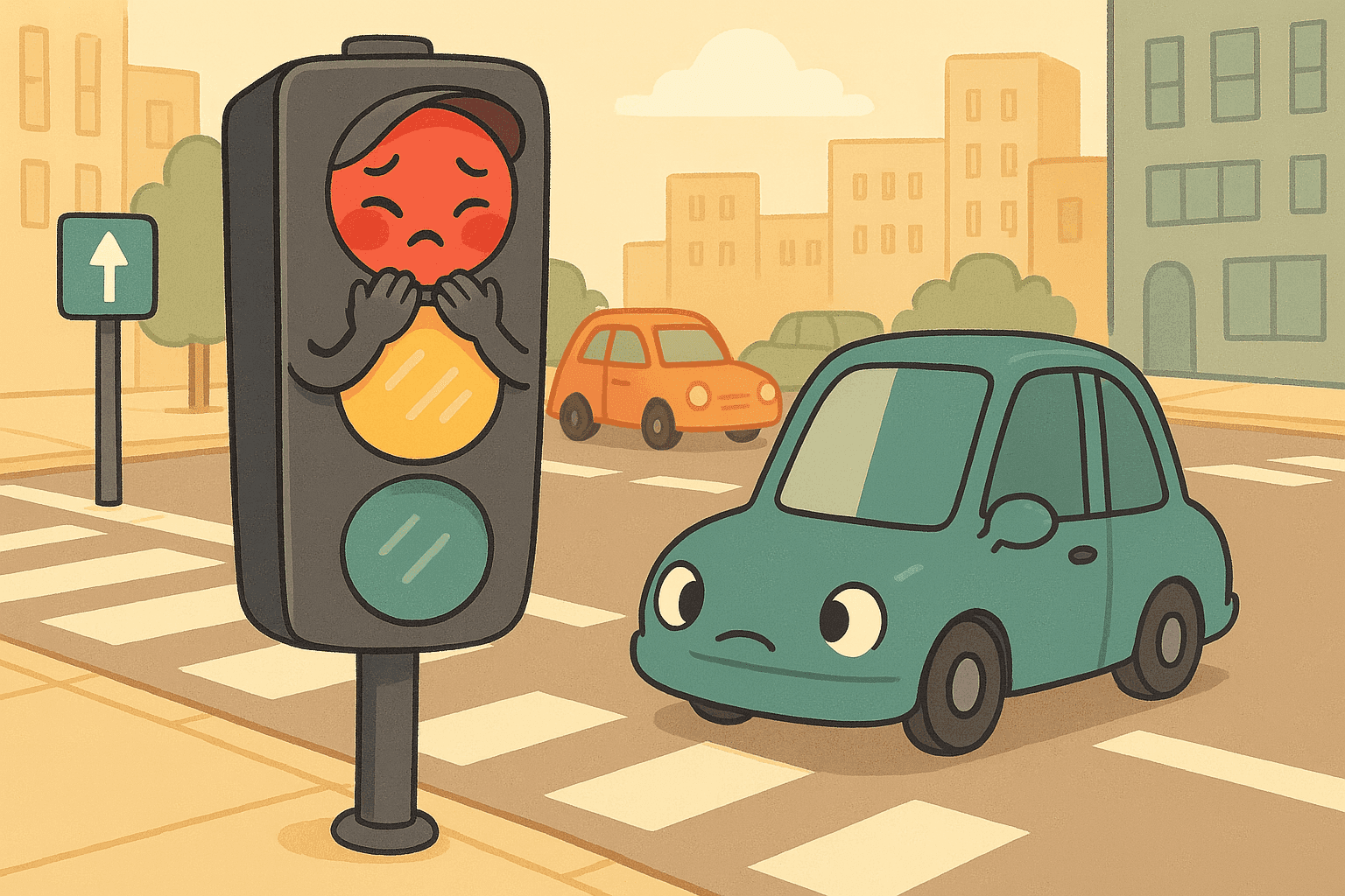 A cartoon traffic light with blushing cheeks covering its lights with its hands while a cartoon car politely looks away, set at a busy intersection with other vehicles waiting respectfully