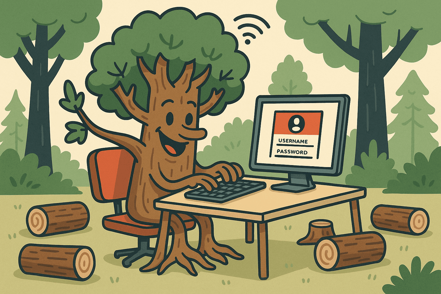 A cartoon tree with a friendly face sitting at a computer typing on a keyboard, with a computer screen showing a login page and wood logs scattered around the desk, creating the log-in visual pun