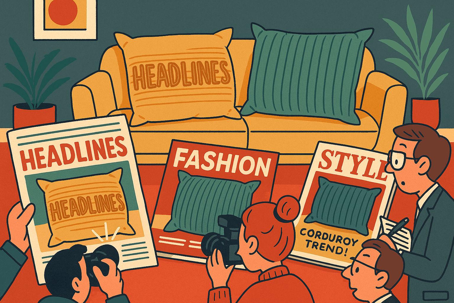A humorous cartoon illustration of ribbed corduroy pillows with horizontal lines displayed prominently on the front page of newspapers and fashion magazines, with 'HEADLINES' written across them