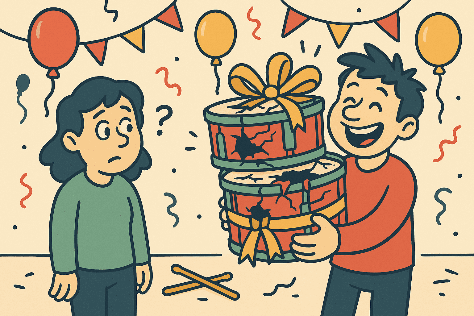 A humorous cartoon illustration of a person happily holding broken drums with cracks and holes as a gift, wrapped with a bow, while another person looks confused and amused
