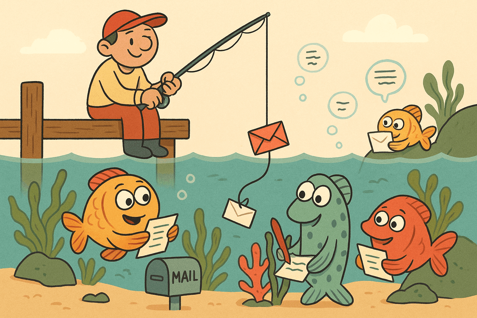 A cartoon fish underwater holding a fishing line with a telephone attached to it