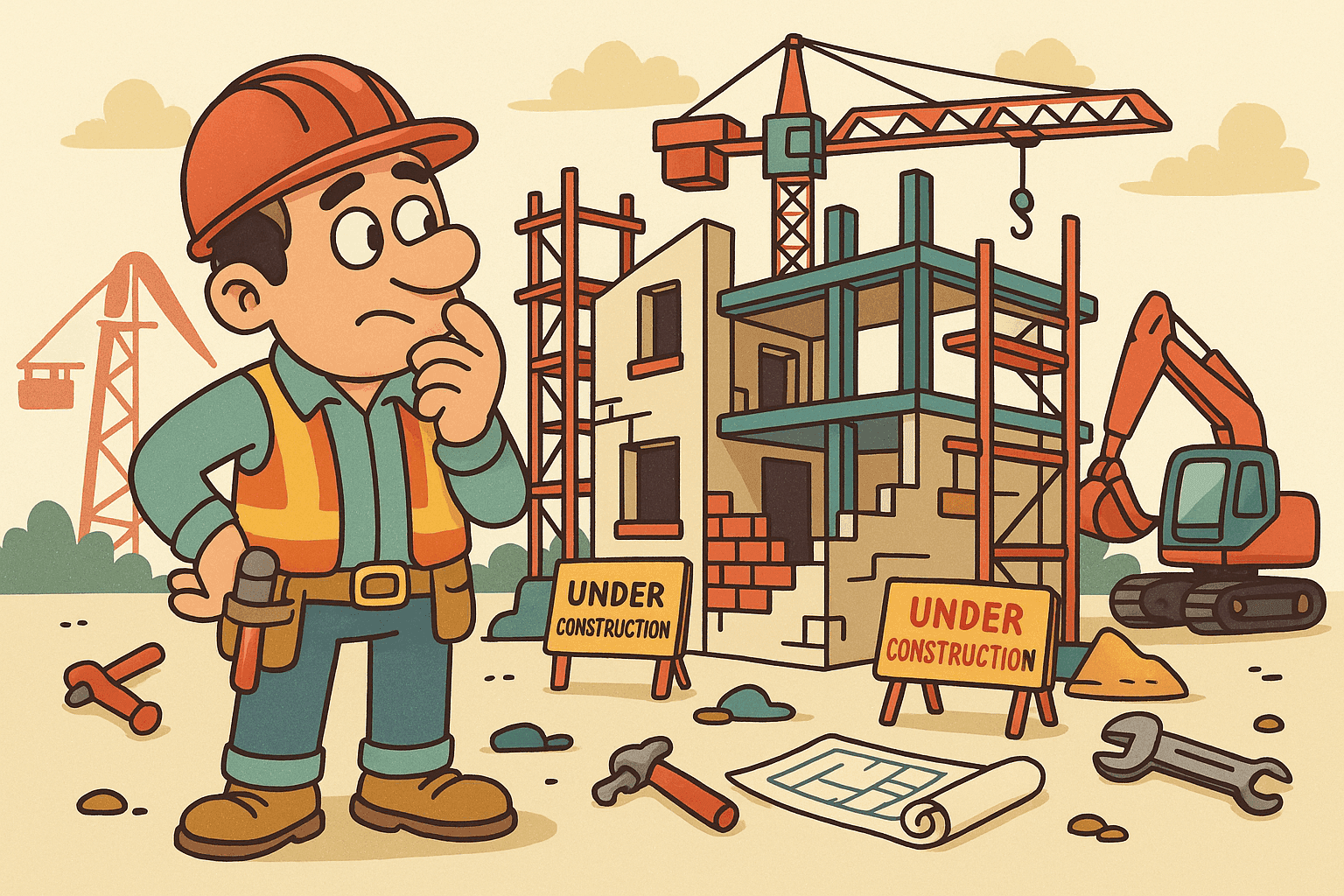 A humorous cartoon illustration of a construction worker wearing a hard hat and tool belt, standing next to an unfinished building with scaffolding, construction equipment, and work-in-progress signs everywhere