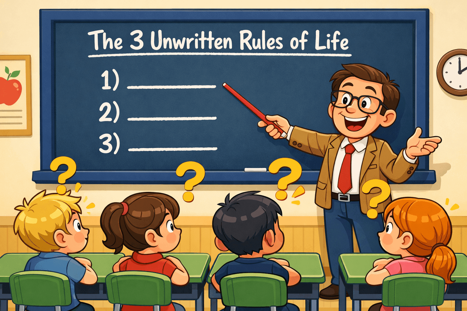 A cartoon person pointing at a blank list on a chalkboard