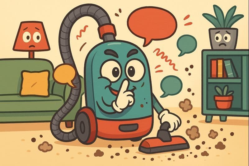 A cartoon vacuum cleaner with a mischievous expression collecting gossip symbols