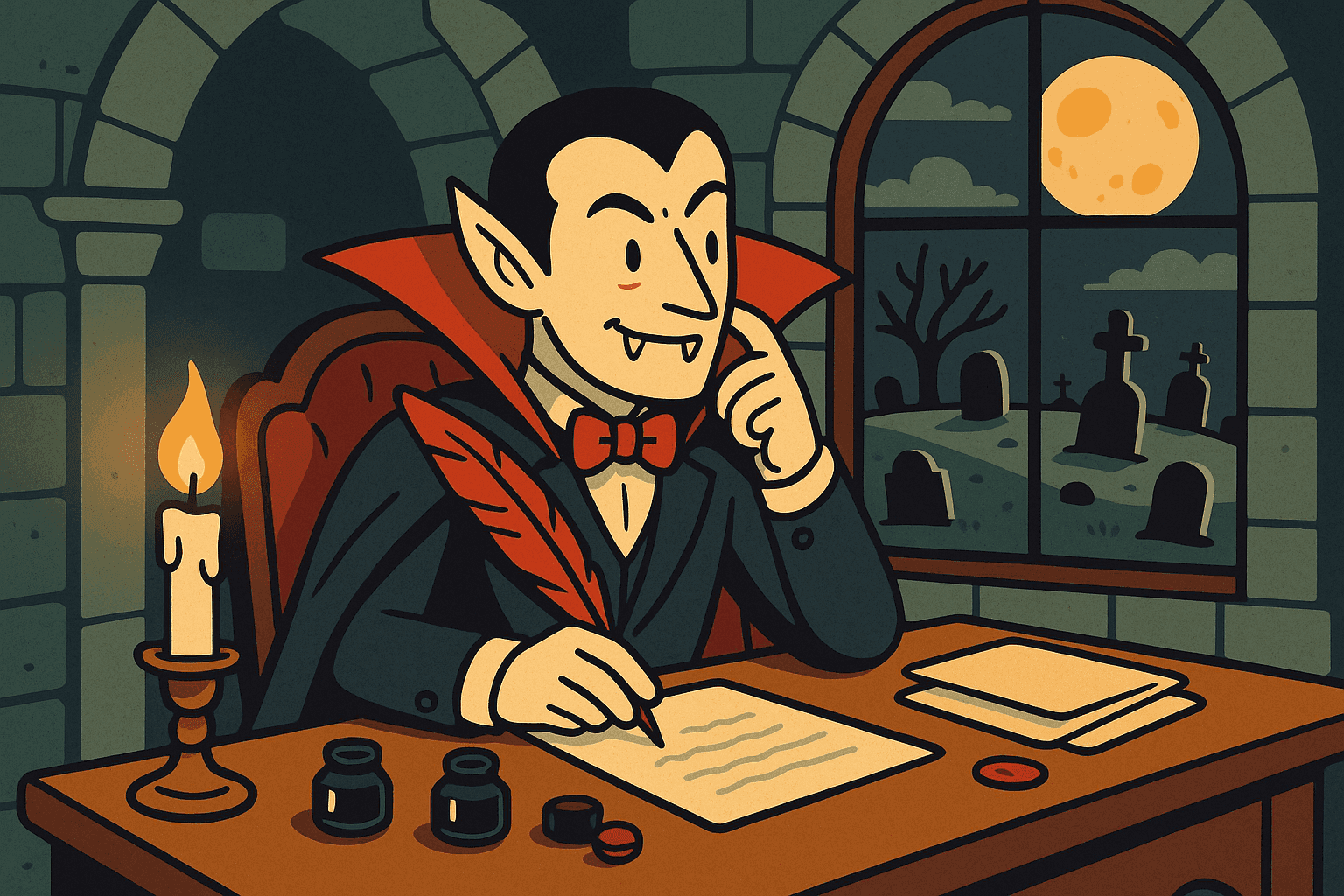 A cartoon vampire in a cape sitting at an ornate desk with a quill pen, writing a formal letter by candlelight in a gothic castle room with tombstones visible through the window