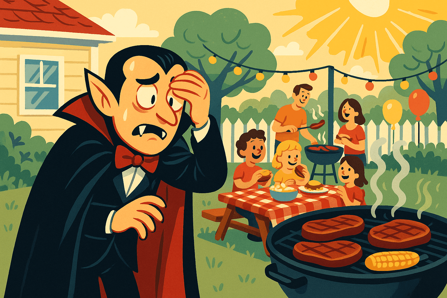 Cartoon illustration of a nervous vampire in a black cape standing at the edge of a sunny backyard barbecue party, looking worried at a grill with stakes cooking on it, other friendly partygoers in the background enjoying the BBQ, picnic tables with checkered tablecloths, hamburgers and hot dogs on plates, daytime outdoor setting with fence and trees in cream, dark blue-gray, sage green, yellow, and bright red colors