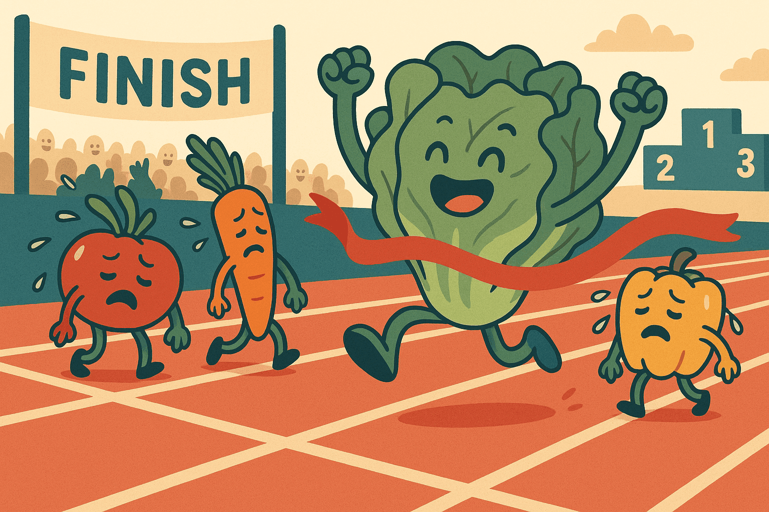A humorous cartoon illustration of a triumphant head of lettuce with arms and legs crossing the finish line first in a race, while other vegetables trail behind looking exhausted
