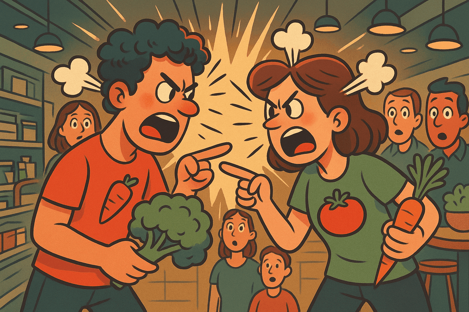 Two cartoon vegetarians having an animated debate in a farmer's market surrounded by vegetables