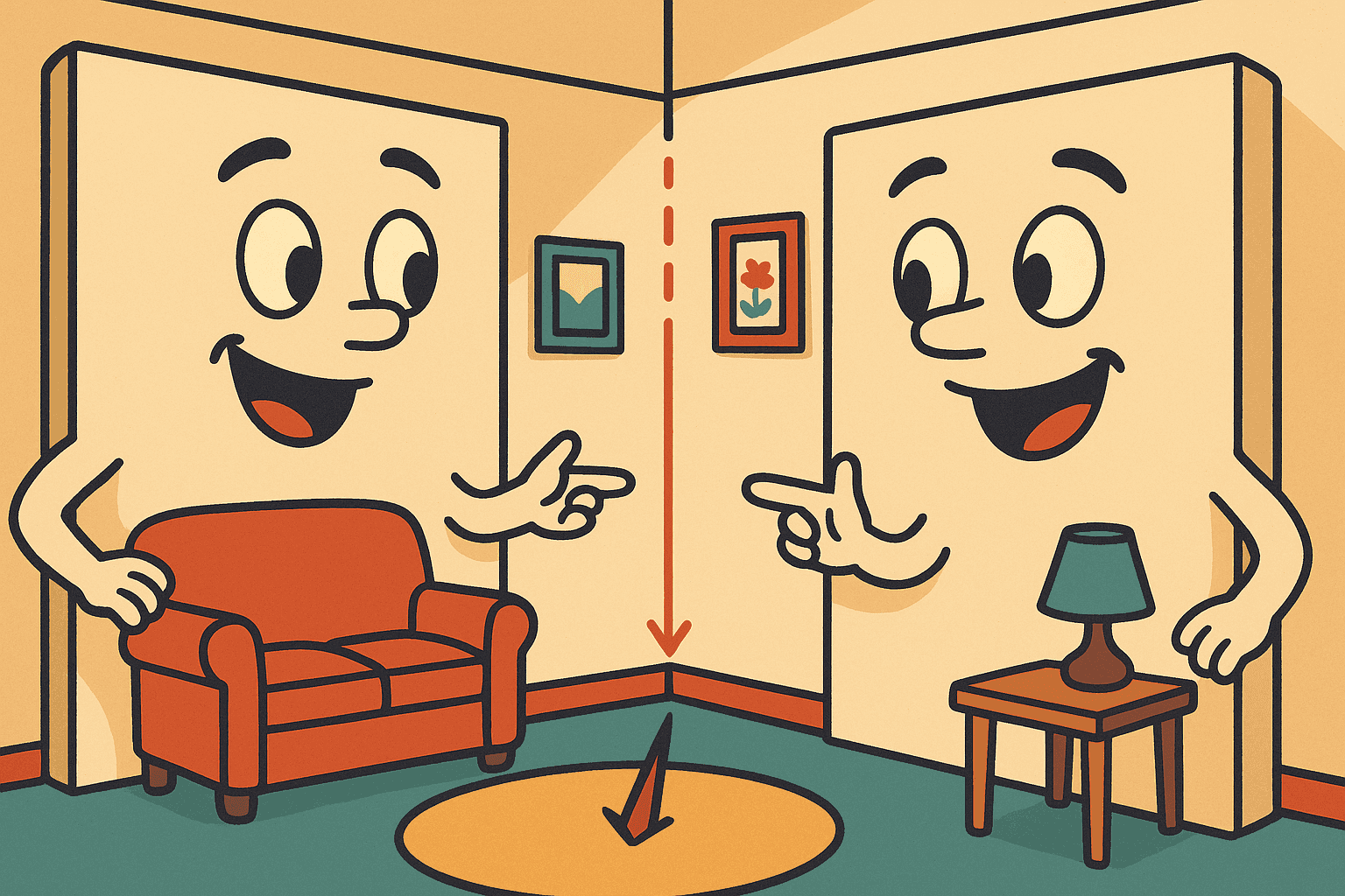Two cartoon walls with friendly faces talking to each other, with arrows pointing toward the corner where they meet, set in a cozy room with furniture and decorations