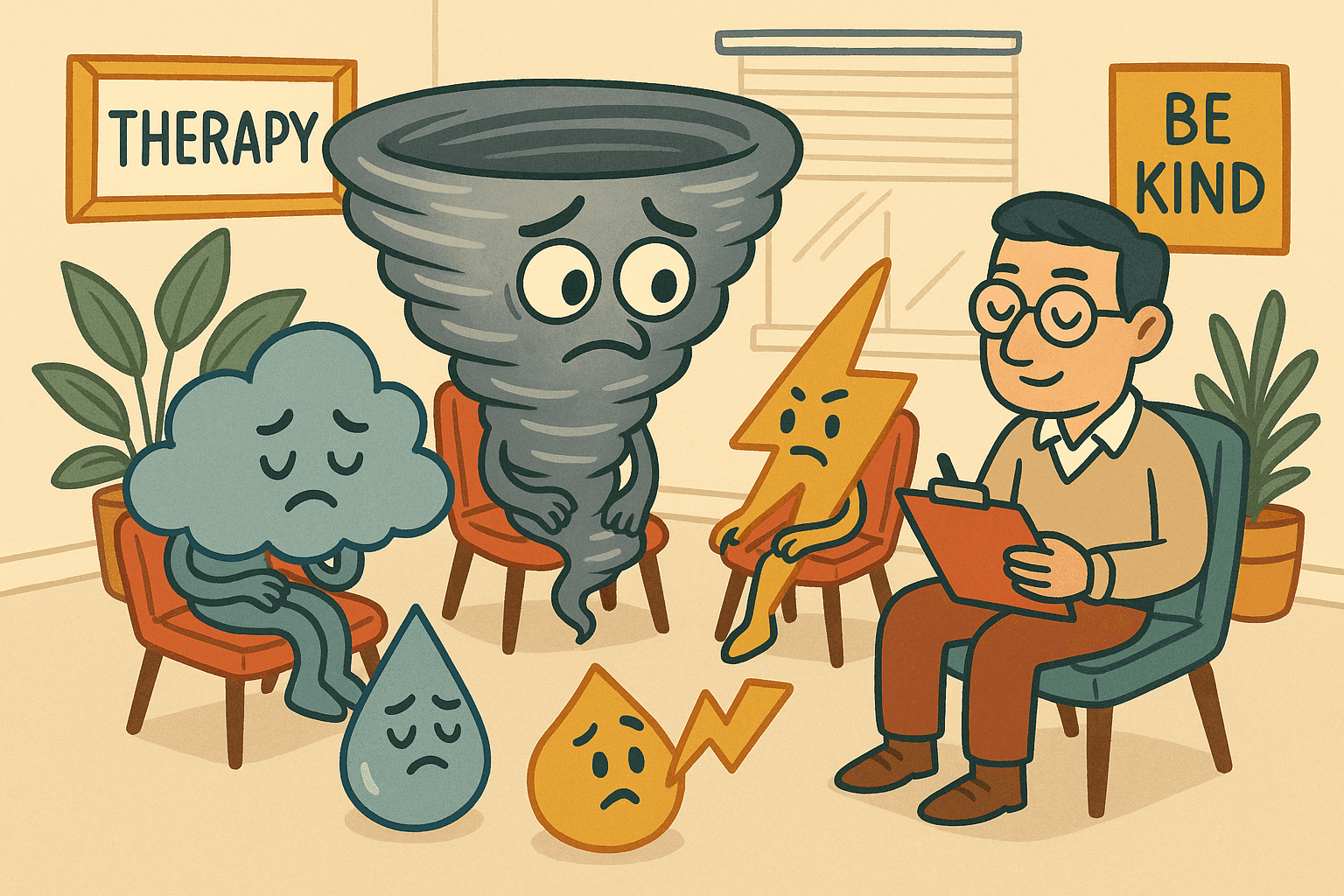 A humorous cartoon illustration of a swirling tornado with worried eyes and an apologetic expression sitting in a circle with other weather patterns in a therapy session, with a calm therapist holding a clipboard