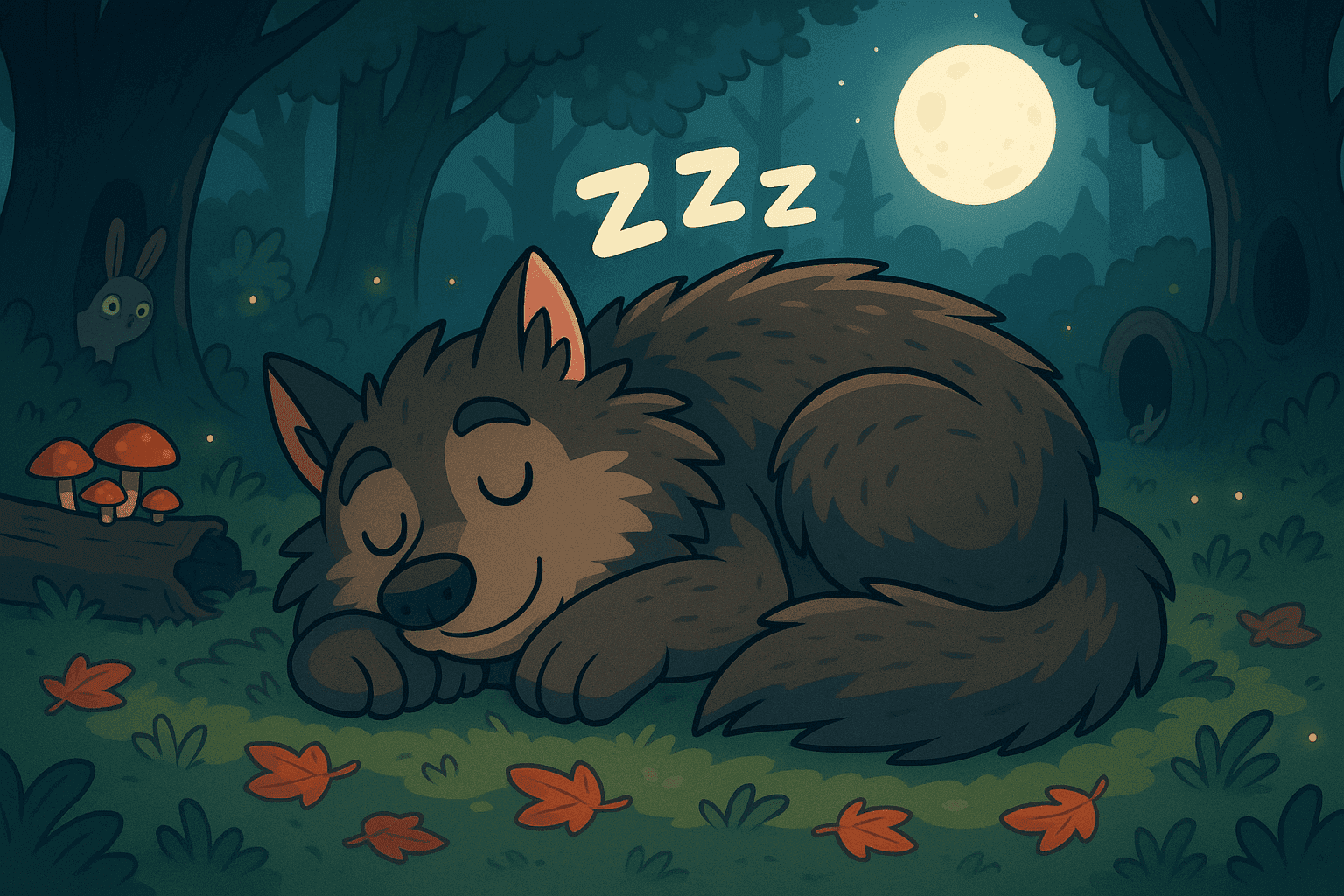 Cartoon illustration of a peaceful werewolf sleeping curled up on forest floor under full moon, furry body rising and falling with breath, ZZZ letters floating above, nighttime woods with trees and moonlight in cream, dark blue-gray, sage green, yellow, and bright red colors