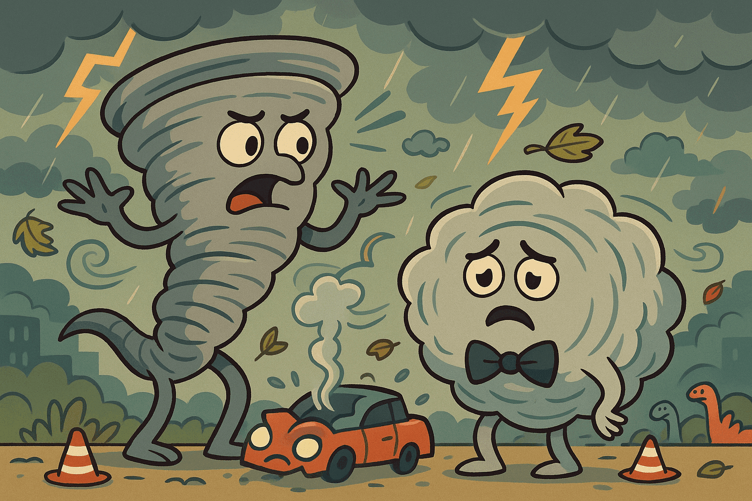 Cartoon illustration of a tornado and hurricane as anthropomorphic characters having a dramatic breakup conversation with swirling winds and stormy clouds around them