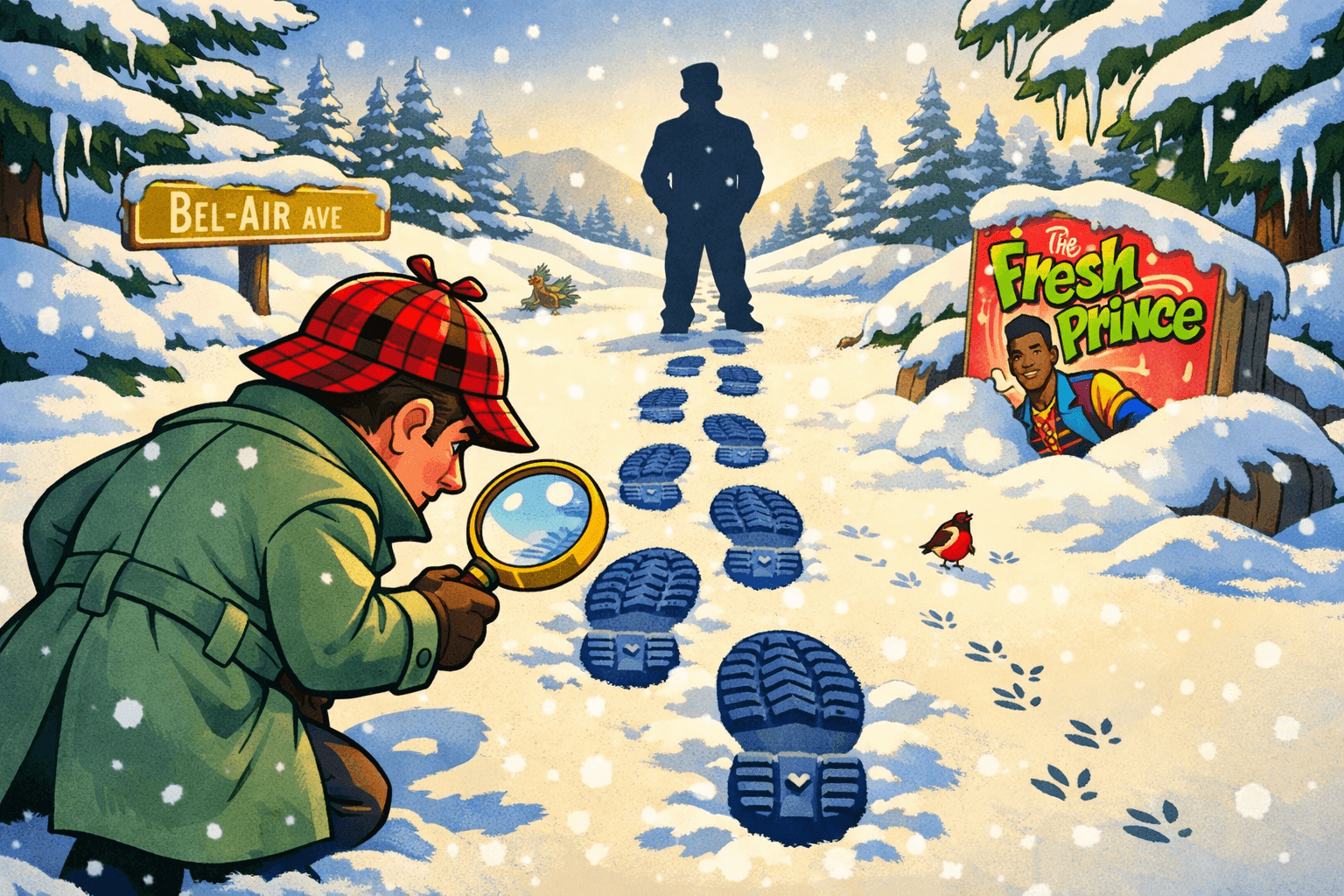 Cartoon footprints in the snow with a person following the trail